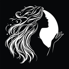 Elegant Silhouette of a Woman with Flowing Hair in Moonlight