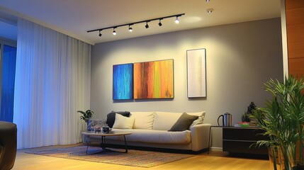 Track LED-lighting system installed on a living room wall, with spotlights providing targeted illumination under the ceiling.
