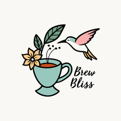 STICKER DESIGN Of A vibrant hummingbird hovering above a steaming coffee cup, surrounded by floral accents.