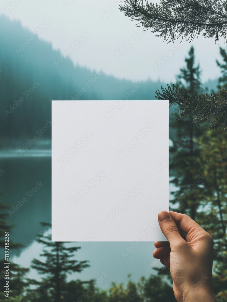 Aufkleber blank paper held in hand against a tranquil lake and forest backdrop during a misty morning. generat