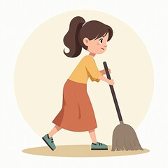3D icon cute Young woman housewife cleaning the floor with a mop, people activity, daily routine cartoon style
