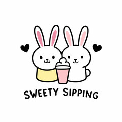 ticker design of A pair of bunnies sharing a single coffee cup with two straws, surrounded by hearts and sparkles