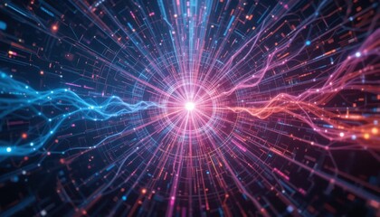 Naklejka premium Abstract Digital Tunnel: A vibrant journey through a neon-lit, data-driven landscape.