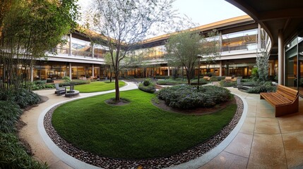 Modern Office Courtyard with Lush Greenery and Contemporary Design Elements for Tranquil Outdoor Space