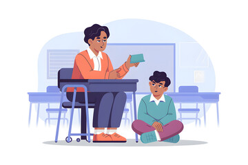 Teacher Engages Student with Interactive Learning Material in Classroom