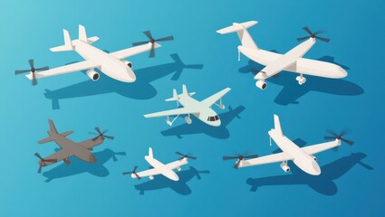 White and beige passenger airplanes flying in formation, aviation concept, travel and transportation theme, blue sky background, business or leisure flights illustration, modern aircraft design