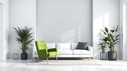 Modern Living Room Interior Design - Green Chair, White Couch, Plants