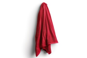 A red towel hanging isolated on white background, showcasing its texture and color.