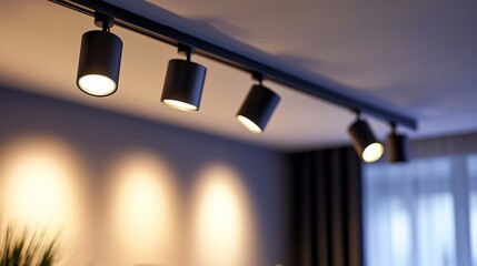 Wall-mounted lighting equipment in a living room, featuring sleek spotlights under the ceiling and a modern track LED-lighting system