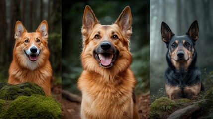 Three Playful Dogs Sitting Together in a Lush Green Forest Surrounded by Tall Trees and Soft Sunlight Creating a Joyful and Peaceful Atmosphere