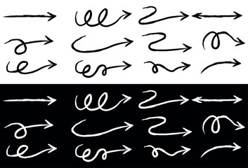 Doodle hand drawn line pointers, elements, round, curly and wavy direction arrows. Vector illustration isolated on white and black background.