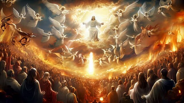the return of Jesus Christ during the second coming of christ as angels battle demons above a crowd of people