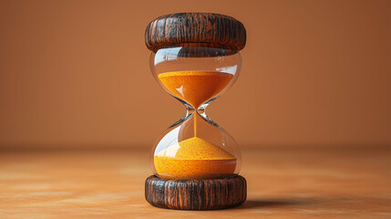 Hourglass with golden sand flowing against warm background, time management concept