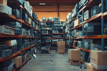 Obraz premium Warehouse storing old televisions, computers and other electronics
