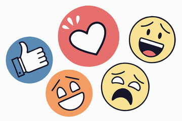 Facebook reaction emojis, colorful circular icons, expressive emoticons, social media symbols, digital emotions, thumbs up, heart, hugging face, laughing face, surprised  interf