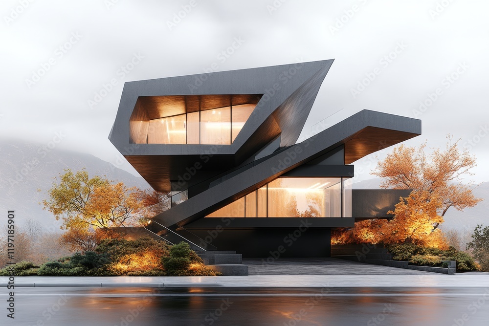 Poster a minimalist architectural rendering of a modern house, with clean lines, soft lighting, and a muted