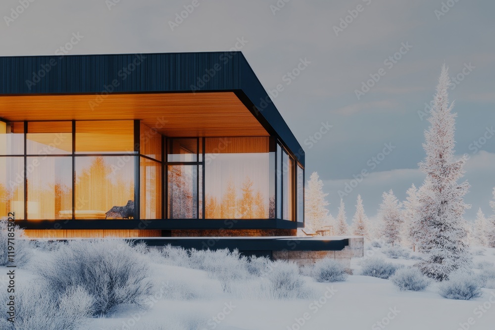 Poster a minimalist architectural rendering of a modern house, with clean lines, soft lighting, and a muted