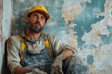 Obraz premium Exhausted manual worker taking a break while working at renovating home Generative AI