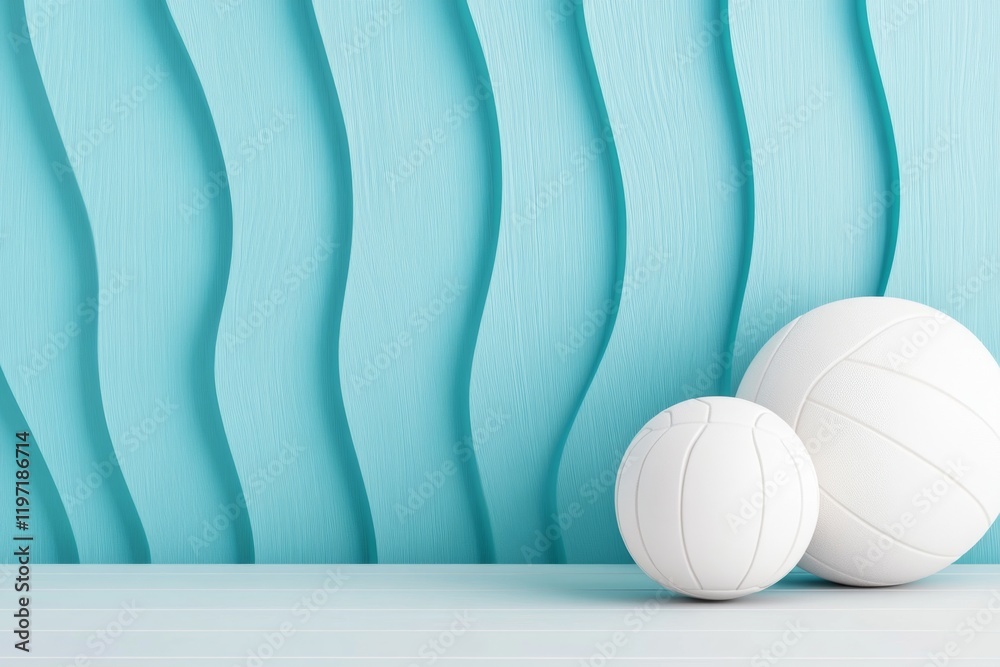 Aufkleber A minimalist illustration of a volleyball net and ball with clean lines, set against a soft gradient ocean-blue background
