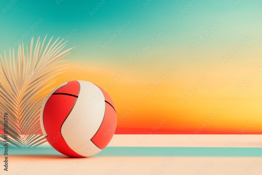 Aufkleber A minimalist illustration of a volleyball net and ball with clean lines, set against a soft gradient ocean-blue background