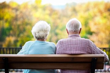Rare view of Elderly couple resting on a bench in the park