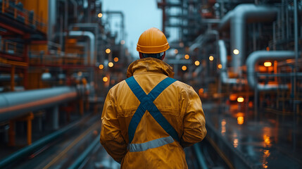 Fototapeta premium An engineer in protective clothing and a hard hat stands in an industrial area inspecting pipes and equipment. 
