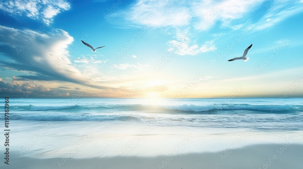 Poster calm ocean view at sunset with serene sky and birds flying in the distance. generative ai