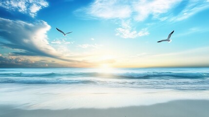 Naklejka premium Calm ocean view at sunset with serene sky and birds flying in the distance. Generative AI