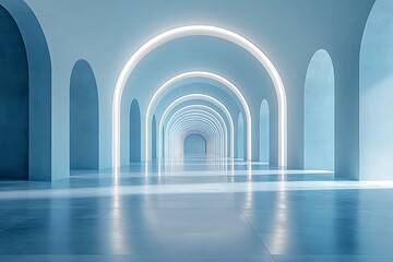 Obraz premium A long corridor with arches and blue lighting