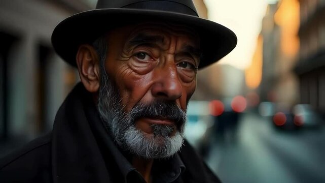 Rough-faced vagabond man with bright eyes, city buildings in the background out of focus