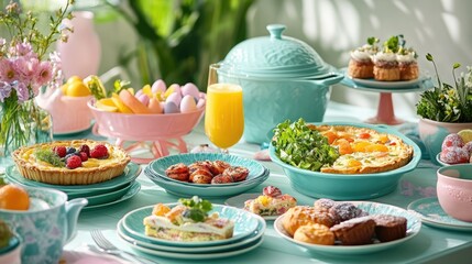 A table filled with Easter brunch delights like quiche, salads, pastries, and fruit juices, all beautifully arranged with pastel-colored tableware.