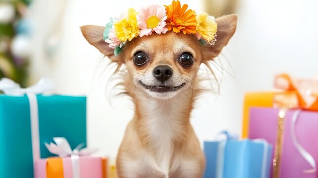 Adorable Chihuahua with Floral Headband Celebrates in a Joyful Explosion of Colorful Gifts and Festive Decorations