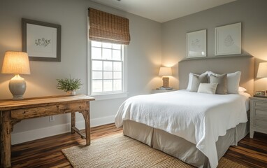 Fototapeta premium A serene bedroom with a wood desk in a warm tone, a light gray bed, and wood floors, with soft, diffused light coming through a small window 