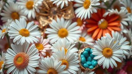 Obraz premium Retro Daisy Accessories Collage - Asteraceae Floral Still Life
