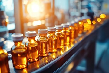 Amber Glass Bottles on Conveyor Belt Pharmaceutical Production Line