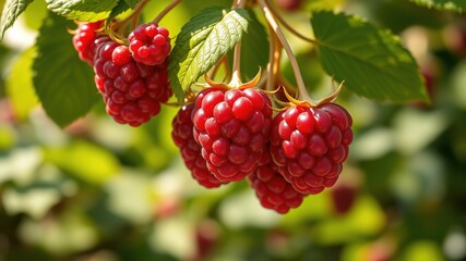 Ripe Raspberry Cluster on Leafy Stems - Fresh Botanical Fruits