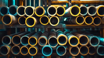 Industrial Array of Stacked Metal Pipes for Engineering and Manufacturing Applications in a Warehouse Setting