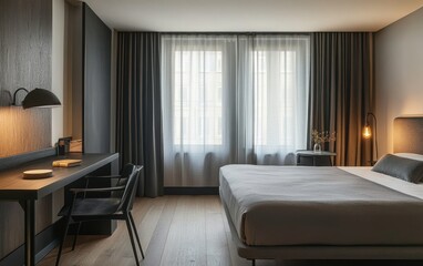 Fototapeta premium A sleek bedroom with a black desk, gray bed, and wood flooring, illuminated by soft light streaming through a window with sheer curtains 