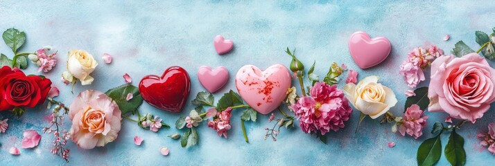 Fototapeta premium Valentine day or Mother day background decorated with pink red hearts and roses flowers 