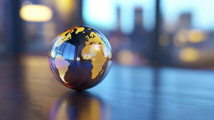 globe reflecting global finance and connectivity on wooden surface