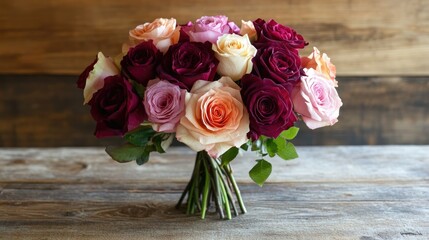 A vibrant bouquet of roses in deep red, pink, and peach hues, placed on a rustic wooden table with soft natural light.