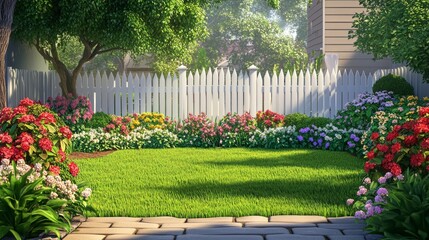 Obraz premium Vibrant Backyard Oasis with Blooming Flowers and Lush Greenery Enclosed by a Charming White Picket Fence on a Sunny Day