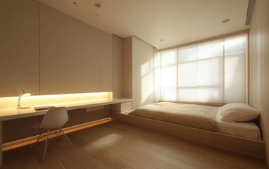 Fototapeta premium A sleek modern bedroom with a white desk, tan bed, and light wood floors, illuminated by natural light from a wide window 