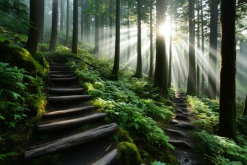 Obraz premium A lush forest with towering trees and exposed roots, showcasing the natural beauty of wood in its raw form