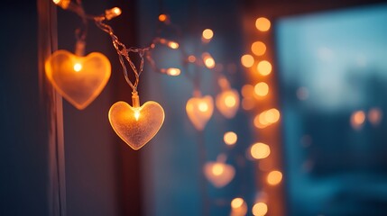 A glowing string of heart-shaped fairy lights hanging in a room 