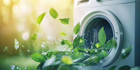 Creative composition of a washing machine drum filled with vibrant green leaves, symbolizing eco-friendly and sustainable laundry practices. Surrounded by fresh leaves.