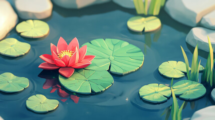 Vibrant red lotus blooming isometric view on tranquil water with lily pads and heart-shaped leaf.