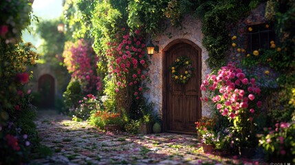 Fototapeta premium Rustic wooden door of a stone cottage surrounded by blooming pink roses and lush green ivy along a cobblestone path in warm sunlight.