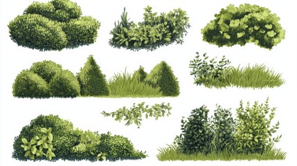 Illustrations of various green plants, including grass and bushes, highlighting their diverse textures and shapes, perfect for nature and landscape themes.
