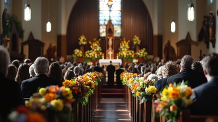 Fototapeta premium A wide shot of a crowded church filled with worshippers, attending an Easter Sunday service with colorful floral arrangements at the altar.